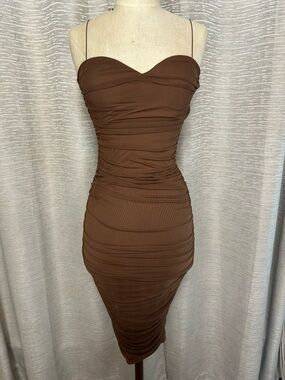Oh Polly Chocolate Brown Ruched Bodycon Midi Dress US 4 UK 8